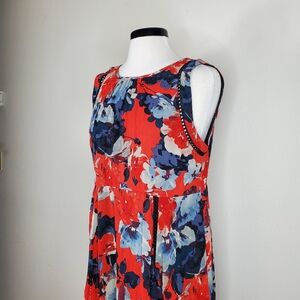 Taylor Red Blue Dress Preppy Floral Classic Sleeveless Round Neck Women's Sz 12